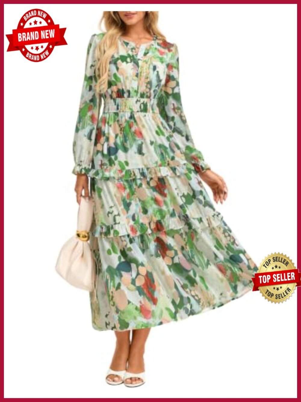 GRACE KARIN Maxi Chiffon Floral Dress - Smocked Waist, Tiered, Pockets, Long